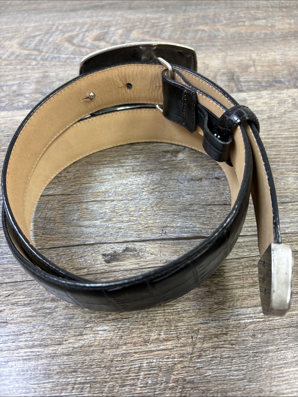 Brighton Black Croc-Embossed Leather Belt with Floral Silver-Tone Buckle Size L - Picture 3 of 8